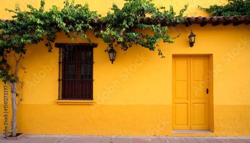 Mexican colonial yellow wall background with vine plant
