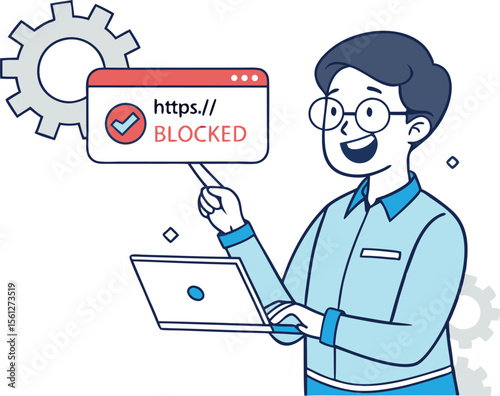 Vector art of a man points to a blocked website notification on his laptop