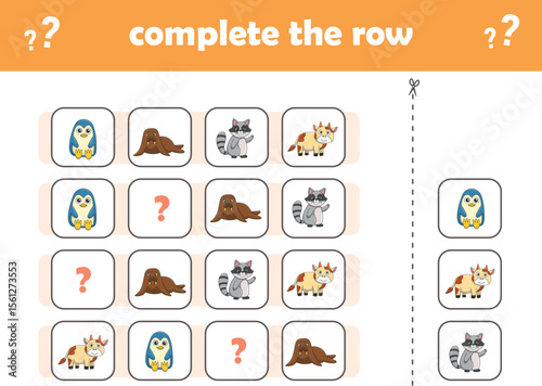 Education game for children complete the pattern. Cute wIld animals. Vector Illustration