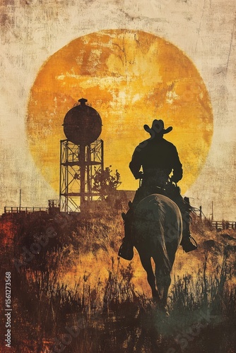 Cowboy rides horse, water tower, sunset,  rural scene. Stock photo