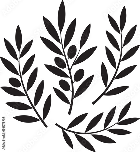 Elegant Olive Branch Set with Dark Silhouettes A Versatile Botanical Design for Invitations and Decorations Ideal for Nature Lovers