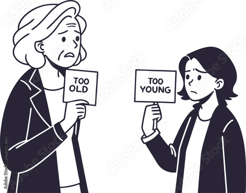 Vector art of two women holding signs expressing concerns about ageism isolated on white background