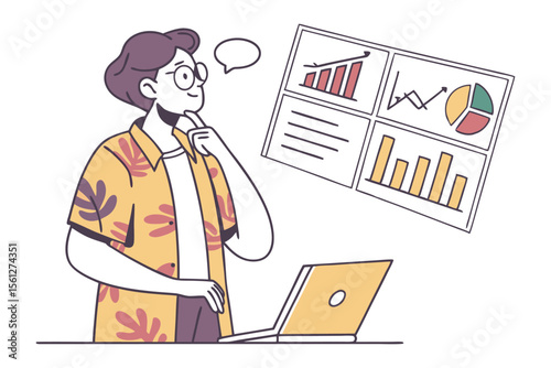 Thoughtful business person analyzing financial charts and graphs on a laptop contemplating data for strategic decision making