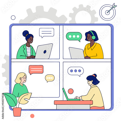 Illustration of four women in a virtual meeting on a screen with speech bubbles and laptops online call center