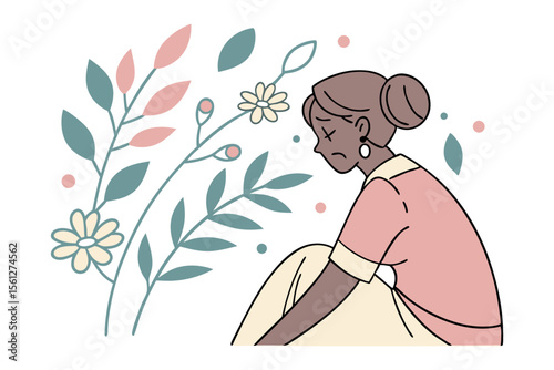 Sad Woman with Flowers: A melancholic illustration of a woman sitting amidst stylized floral elements, conveying a sense of gentle sadness and introspection.