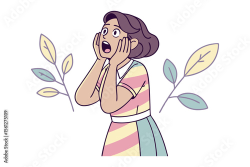Astonished Expression: A drawing vividly captures a moment of shock and disbelief as a young woman reacts with wide-eyed amazement, surrounded by delicate plant elements