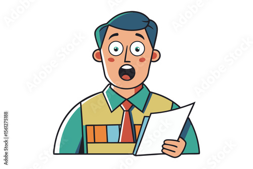 Surprised cartoon man with open mouth and wide eyes holding a document expressing shock and astonishment