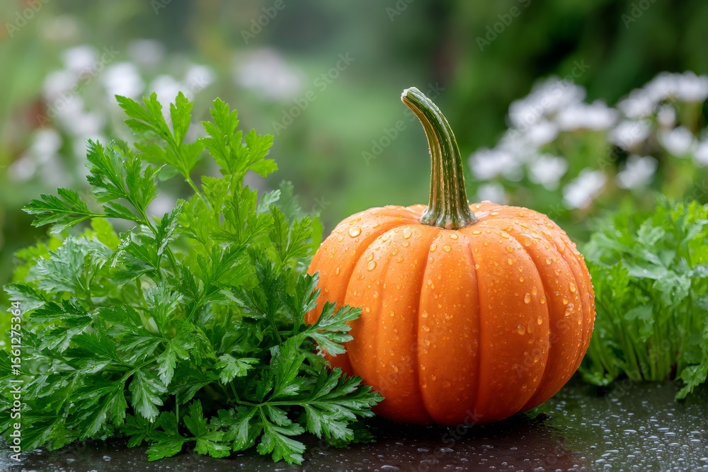 Small pumpkin with water drops sitting near parsley leaves Small pumpkin with water drops sitting near parsley leaves