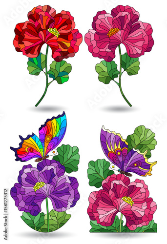 Set of stained glass illustrations with flowers and butterflies, isolated on a white background