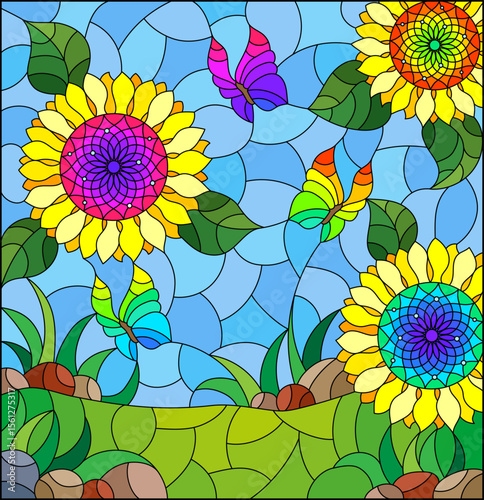 Stained glass illustration with bright sunflowers and butterflies on a meadow and sky background