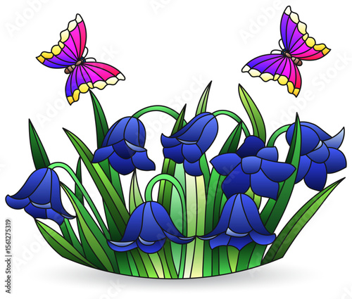 A stained glass illustration with bouquet of bluebell flowers, isolated on a white background