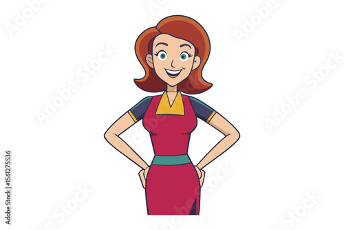 Happy Woman Cartoon: A cheerful cartoon woman with reddish-brown hair and a warm smile, exuding confidence and positivity.  Her hands rest on her hips, conveying a sense of self-assuredness.