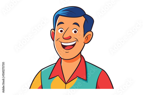 A cheerful cartoon man with blue hair and a vibrant colorful shirt smiles broadly conveying a friendly and approachable personality