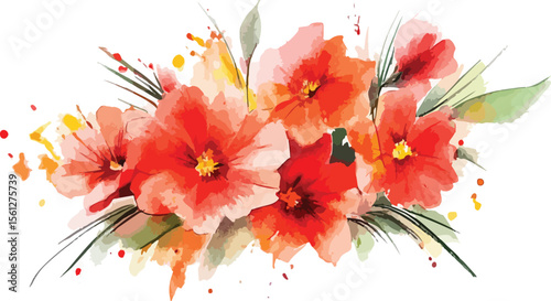 Watercolor Red Flowers Arrangement Isolated on White Background Illustration