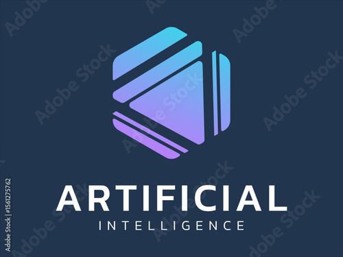 Artificial intelligence with overlapping triangles in hexagon technology Analysis logo vector design concept. AI technology logotype symbol for advance technology, ui, identity, robotic, automation.