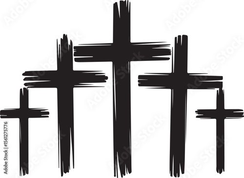 Five Grunge Christian Crosses Silhouette Illustration Representing Faith, Religion, Spirituality, and Symbolism with a Rough Artistic Style in Black and White