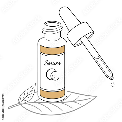 Illustration of a serum bottle with a dropper and a leaf on a white background in black and white