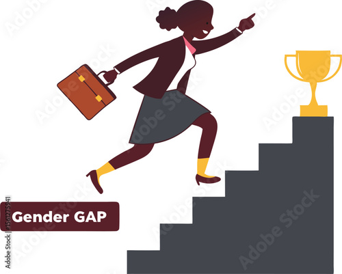 Vector art of a woman climbing stairs towards a trophy, overcoming the gender gap