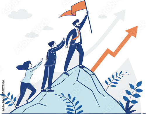 Vector art of a team climbing a mountain to success with a leader holding a flag