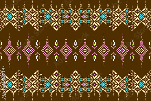 Geometric pixelated Arabic patterns on the fabric reflect the ornate and ethnicity,grid floral,grid colourful, backgrounds, seamless grid design for carpet,textile,textured,wallpaper,print,decorate