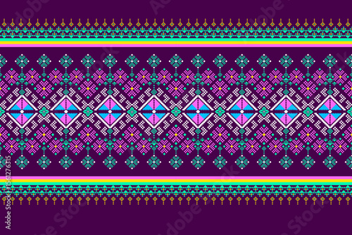 Geometric pixelated Arabic patterns on the fabric reflect the ornate and ethnicity,grid floral,grid colourful, backgrounds, seamless grid design for carpet,textile,textured,wallpaper,print,decorate
