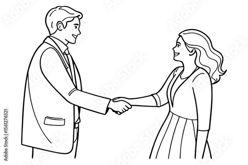 Man and Woman Handshake Minimalist Line Drawing Business Agreement Art