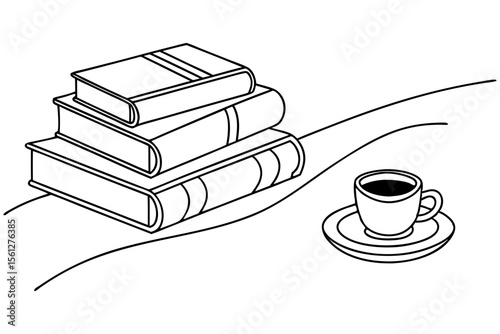 Minimalist Line Art of Books and Coffee for Cozy Reading Nook Decor
