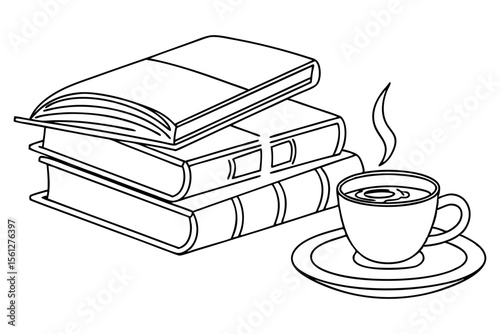 Minimalist Books and Coffee Line Art Drawing for Relaxing Space Wall Art
