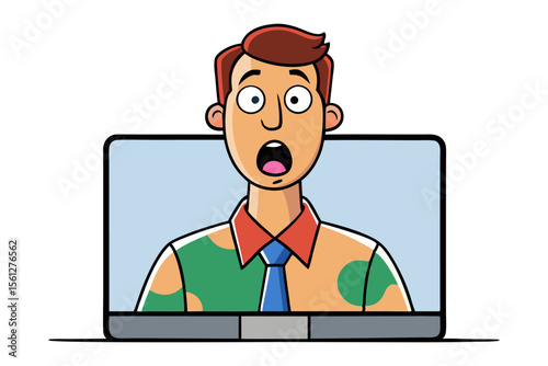 Shocked businessman appears on laptop screen with wide eyes and open mouth expressing surprise