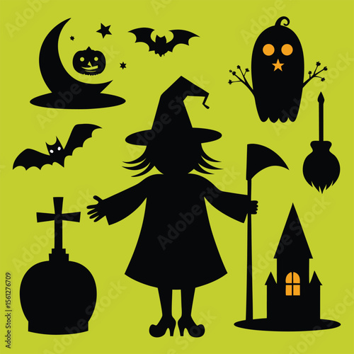Halloween witch silhouette set illustration with Broom and Cat Halloween witch silhouette vector |Premium Vector
