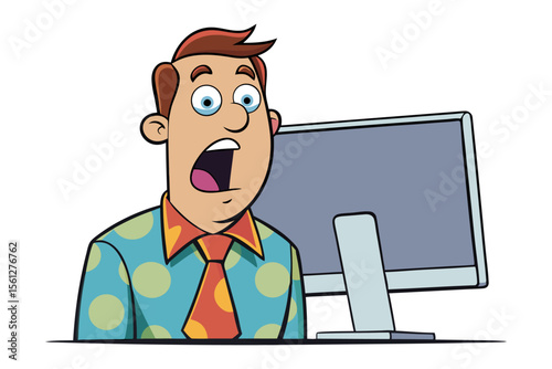 Shocked businessman stares wide eyed at computer screen with mouth open in astonishment and disbelief