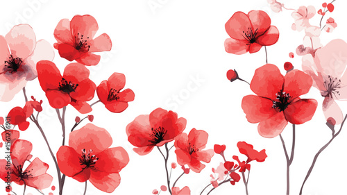 Red poppy flowers bloom beautifully against a white background, perfect for a spring floral design or summer garden illustration