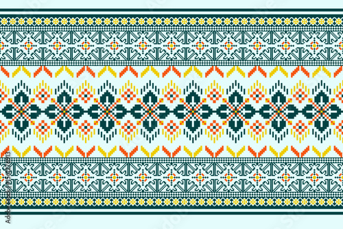 Geometric pixelated Arabic patterns on the fabric reflect the ornate and ethnicity,grid floral,grid colourful, backgrounds, seamless grid design for carpet,textile,textured,wallpaper,print,decorate