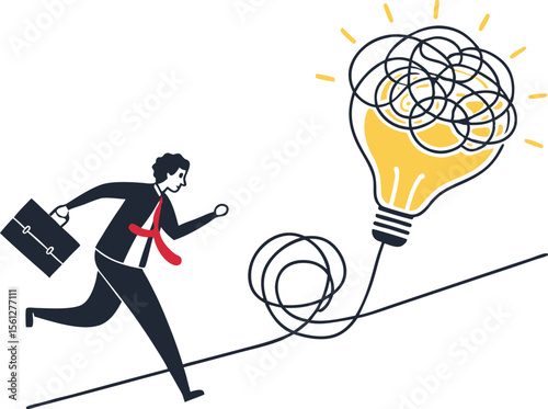 Vector art of a businessman runs toward a tangled lightbulb isolated on white background