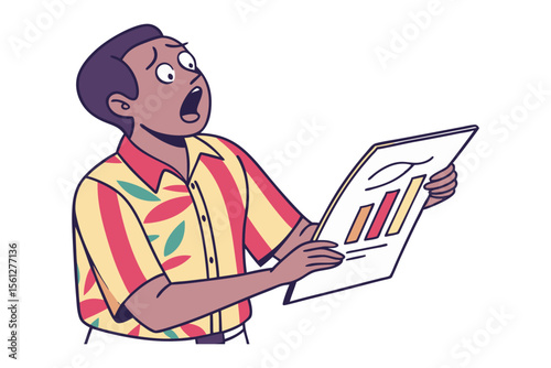 Shocked man in a colorful shirt gasps in disbelief while looking at a financial report with a downward trending graph