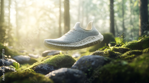 floating 3D shoe mockup above forest moss and rocks, soft morning light, eco-friendly and earthy tone palette, blending modern footwear with nature.