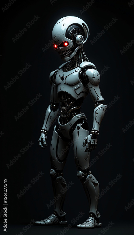 Naklejka premium A angry ai robot with glowing eyes that seem to pierce through the darkness, A robot with glowing red eyes standing in darkness, AI generated