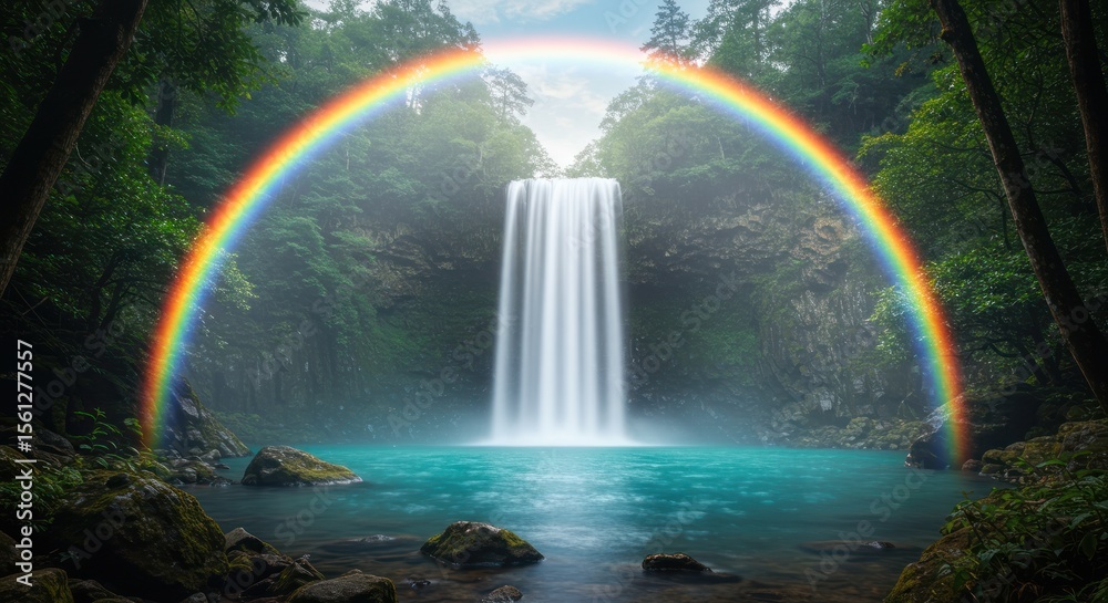 Fototapeta premium Enchanting waterfall scene with vibrant rainbow arching over turquoise pool and lush woodland