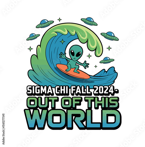 An alien surfs a wave amidst UFOs, a fun design for Sigma Chi Fall 2024.