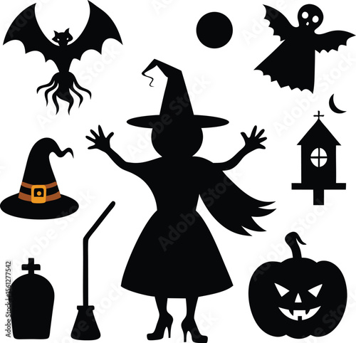 Halloween witch silhouette set illustration with Broom and Cat Halloween witch silhouette vector |Premium Vector

