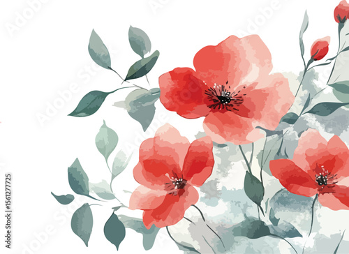 Beautiful red poppy flowers bloom in a watercolor floral pattern, capturing the essence of nature's summer beauty