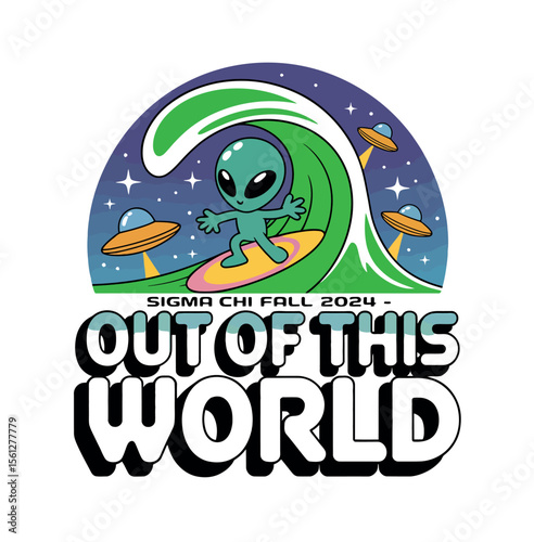 An alien surfs a wave amidst UFOs, a fun design for Sigma Chi Fall 2024.