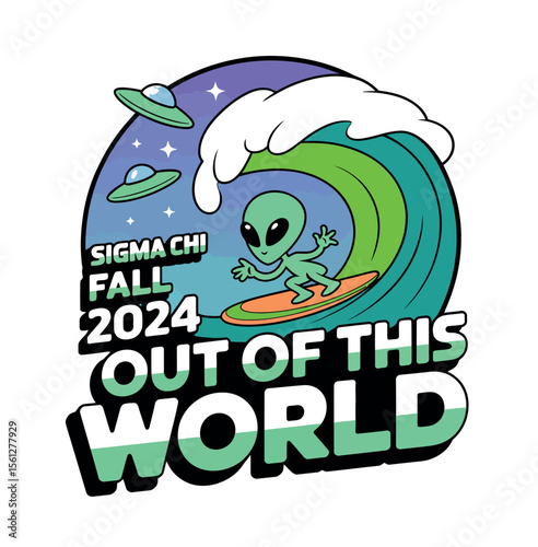 An alien surfs a wave amidst UFOs, a fun design for Sigma Chi Fall 2024.