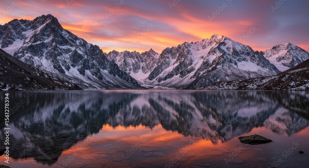 Fototapeta premium Majestic mountains reflecting in tranquil lake waters at vibrant sunset creating a serene spectacle