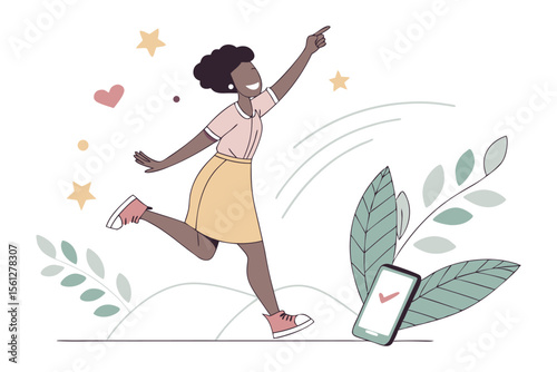 Digital Triumph: An ecstatic individual, arms outstretched, leaps toward an online victory symbol, representing digital success, joy, and achievement.