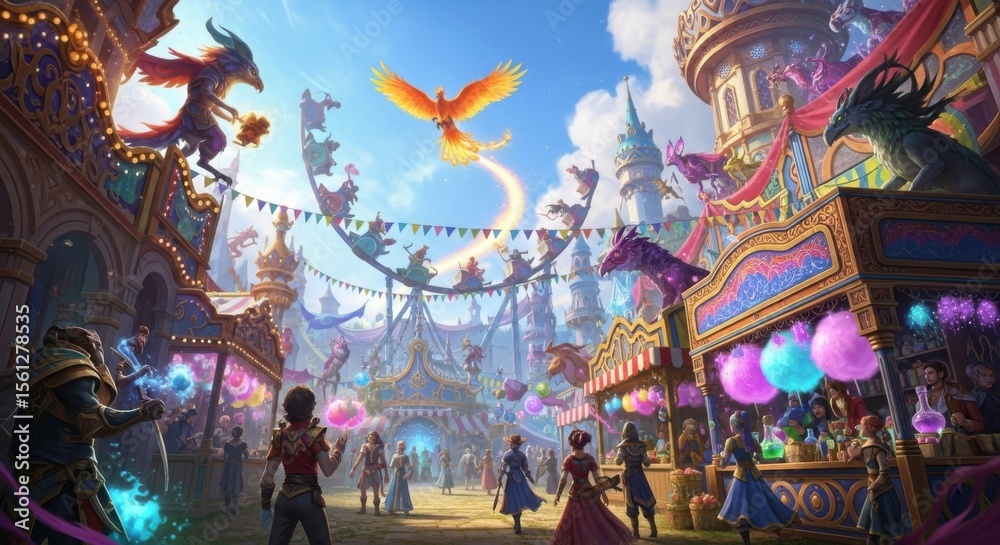 Fototapeta premium Vibrant Fantasy Carnival with Mythical Creatures and Festive Atmosphere