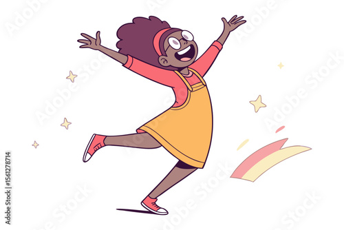 Joyful Girl's Triumph: Illustration of a young girl with open arms radiating happiness and celebrating a moment of pure joy, embodying the spirit of triumph and delight.