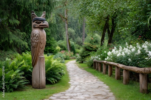 Wooden eagle statue standing at the beginning of a garden path