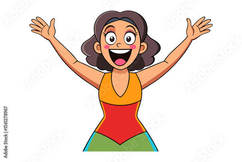 Joyful Expression: A vibrant illustration of a young woman expressing unrestrained joy, arms outstretched in a gesture of delight. Her joyful expression and cheerful attire radiate positive energy.