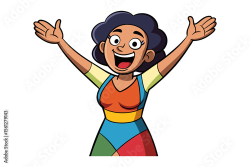 Joyful Expression: A vibrant cartoon illustration of a woman radiating pure happiness and elation, with arms outstretched, capturing a moment of unbridled joy.